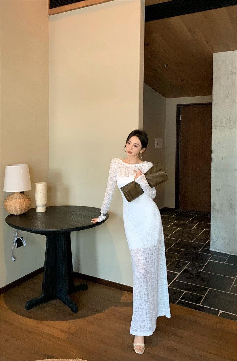 May. Backless dress歐美透視感疊穿連身裙（含內搭）白