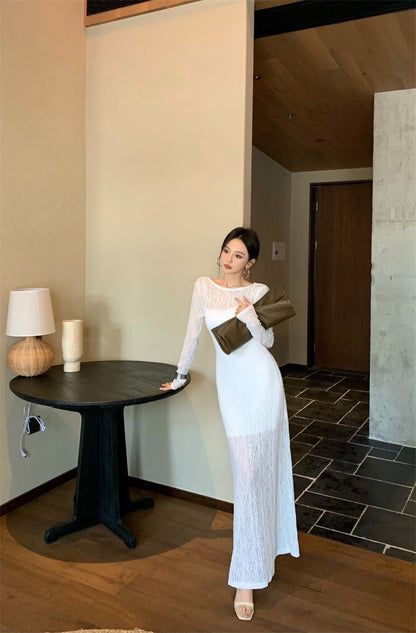 May. Backless dress歐美透視感疊穿連身裙（含內搭）白