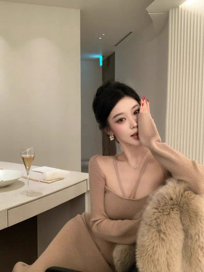 26Jan. 巨性感曼妙身材百搭針織連身裙 卡/灰