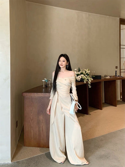 Jun. ER”高智菁英 時髦份子收腰綁帶休閒闊腿褲套裝 杏