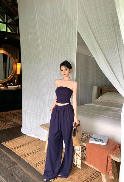 May. 度假出遊 辣妹顯瘦純色抹胸休閒褲套裝 藍/杏