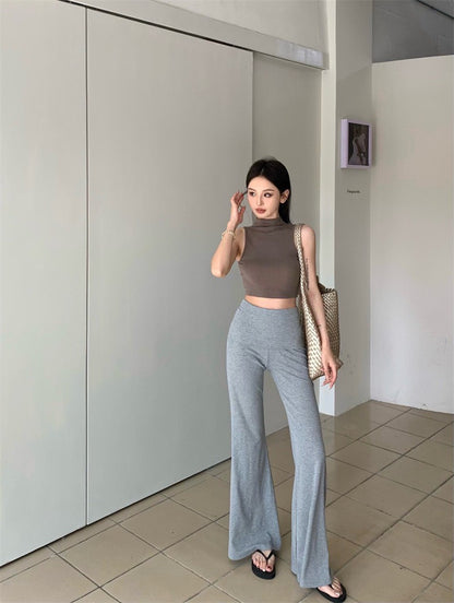 May. 雜誌編輯 美式慵懶背心開衫2件套 卡其 高腰顯瘦休閒褲 灰