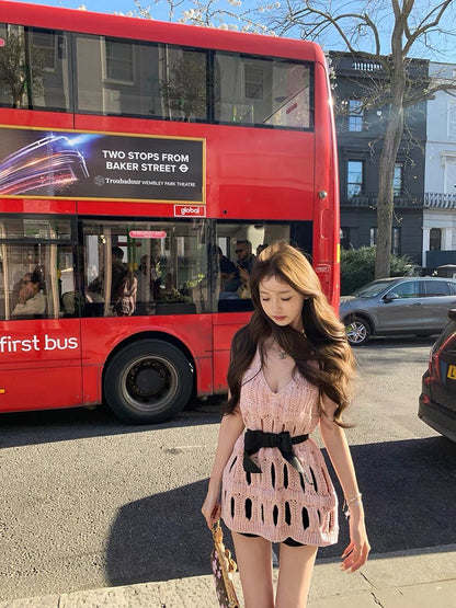 Jun. 重工25香奶奶粗針縷空背心針織上衣 粉