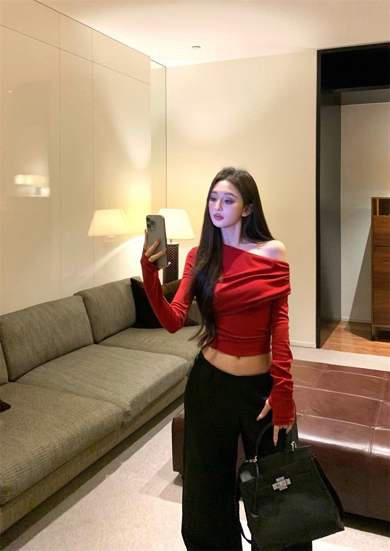 Mar. 優雅法則 斜領抓皺細腰彈力針織上衣 杏/紅