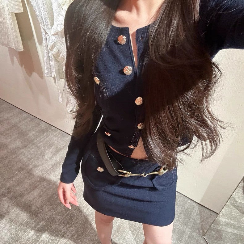 26Jan. 秀款厚磅中古金釦口袋半身裙 2款長度 藏青/卡