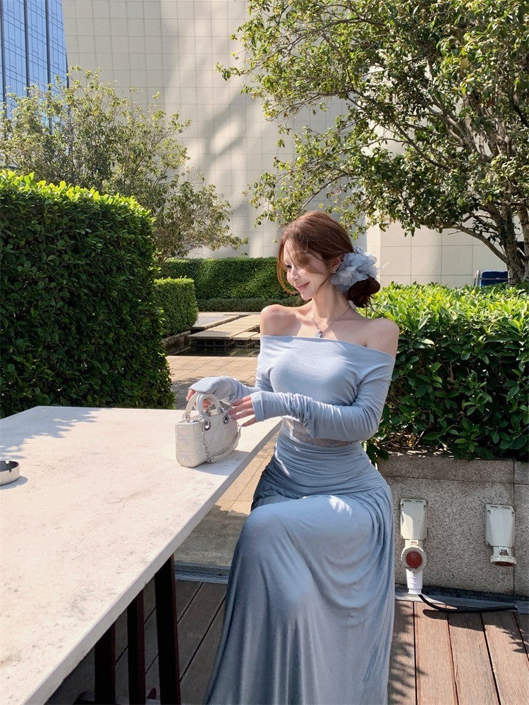 Mar. 香軟Crush 設計感一字領魚骨縷空上衣 褶皺飄逸半身裙 白/淡藍