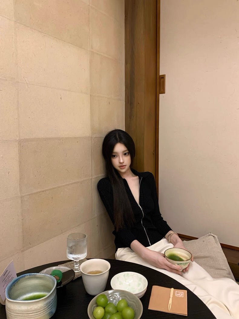 25Nov. 修身翻領立體紋拉鍊針織上衣 卡/黑