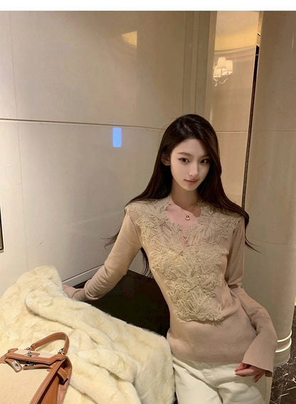 26Feb. 嬌欲撩感氣質蕾絲羊毛上衣 卡其