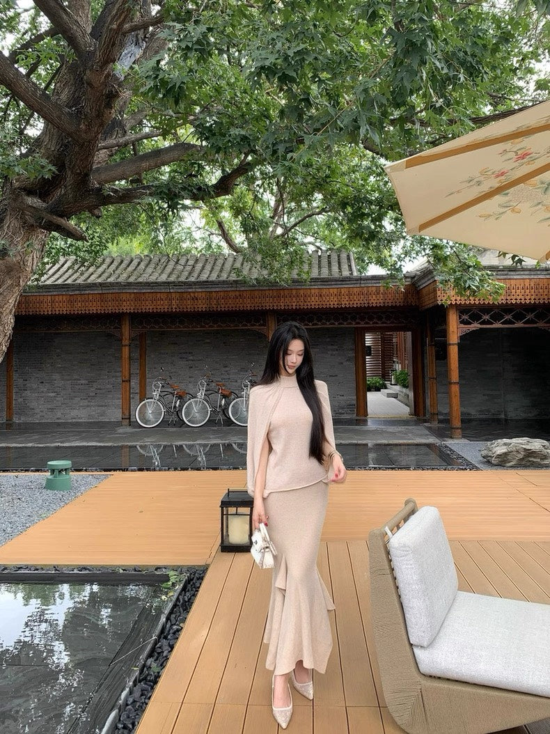 25Nov. 秋冬大氣簡約羊毛針織魚尾裙套裝 卡杏