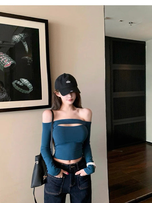 25Nov. 純慾辣妹一字領縷空修身上衣 粉/尼斯藍