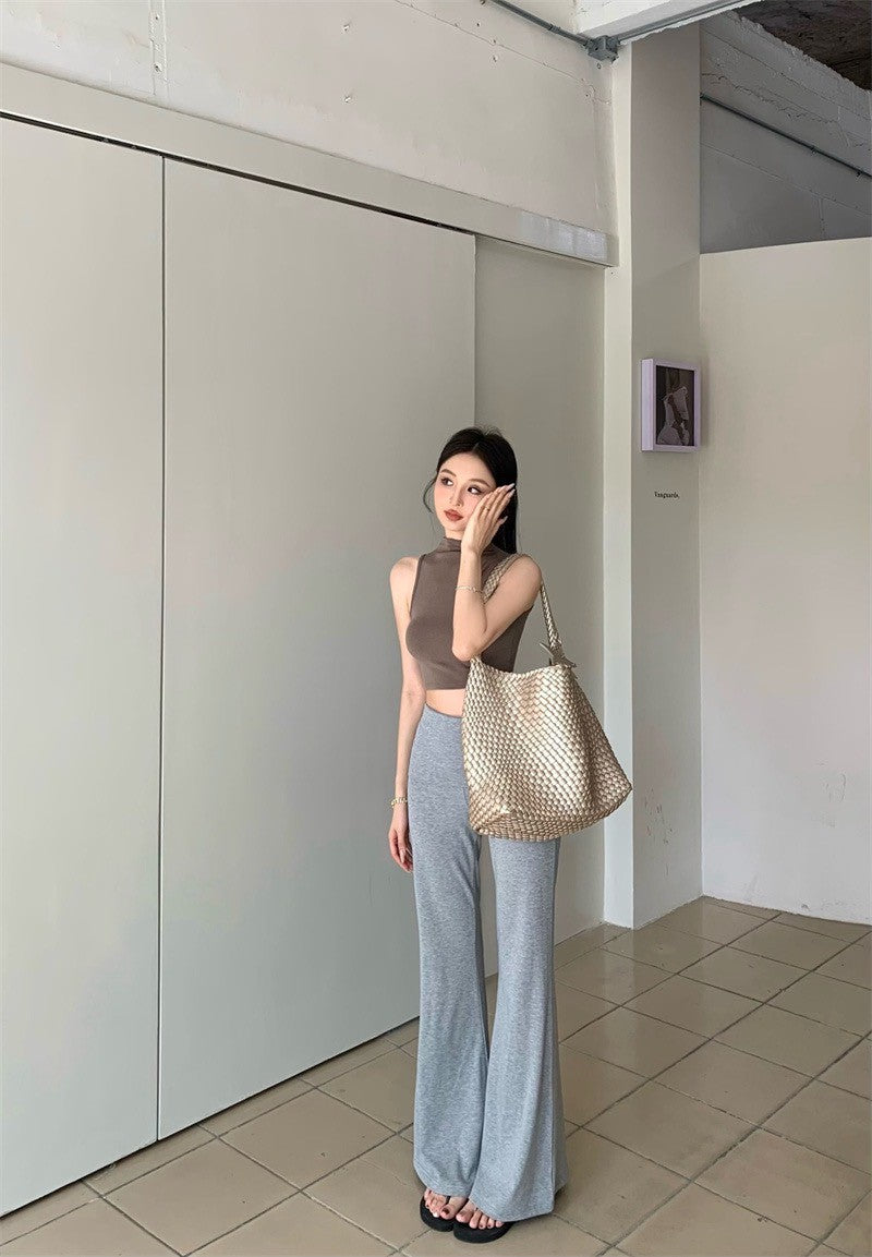 May. 雜誌編輯 美式慵懶背心開衫2件套 卡其 高腰顯瘦休閒褲 灰