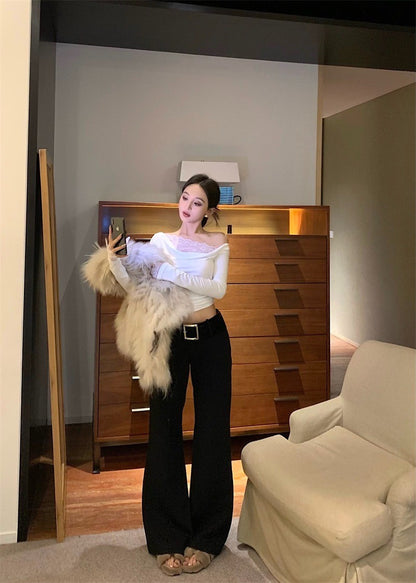 Apr. 輕透舒芙蕾 簡約純色蕾絲拼接領長袖上衣 米白