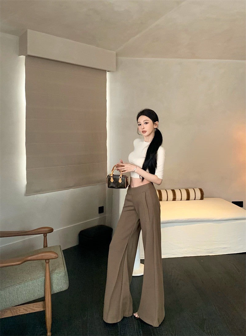 May. 極簡office siren高智修身五分袖上衣  設計款中低腰休閒褲 杏