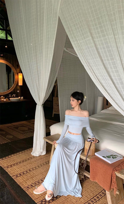 Apr. 法式浪漫 氣質一字翻領高腰抓皺半身裙套裝 淺藍