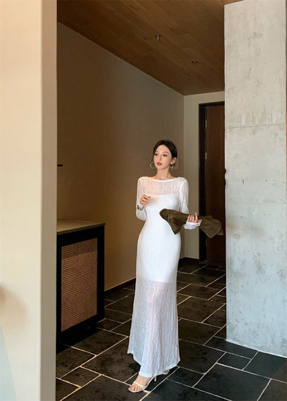 May. Backless dress歐美透視感疊穿連身裙（含內搭）白