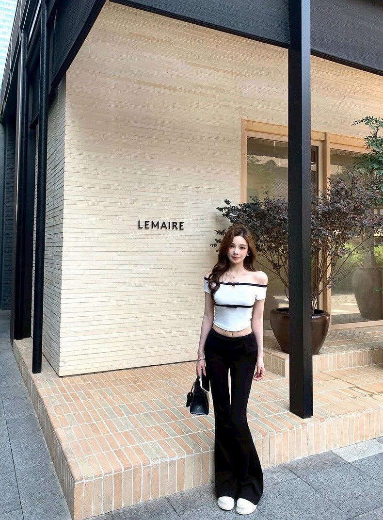 25Aug. 手稿作業UK-girl一字領撞色休閒褲套裝 白黑