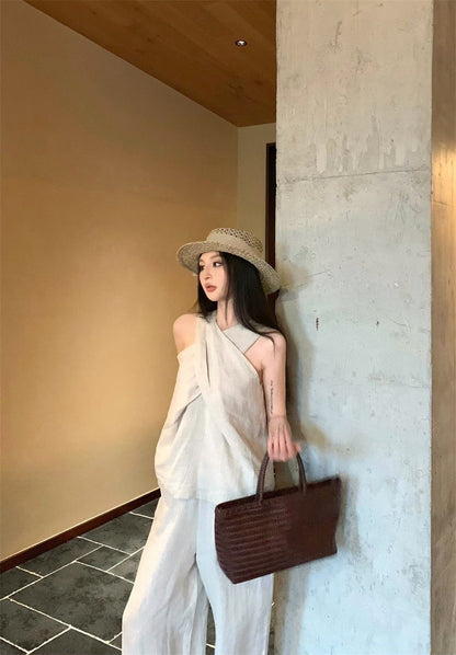 25Aug. 老錢鬆弛不費力交叉設計背心闊腿褲套裝 亞麻色