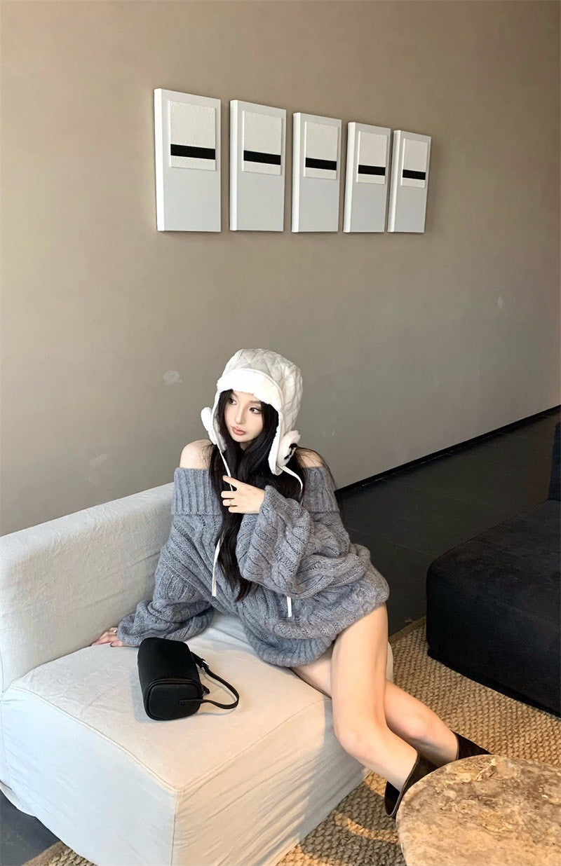 25Dec. Romantic慵懶純慾vibe一字領麻花針織上衣 粉/灰