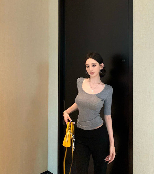 25Jul. 淡顏天菜 U領/圓領正肩好版型上衣 灰色/藏藍