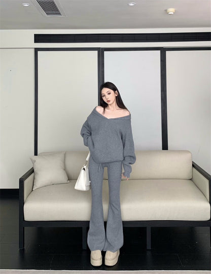 25Nov. 慵懶配套V小翻領針織休閒褲套裝 灰