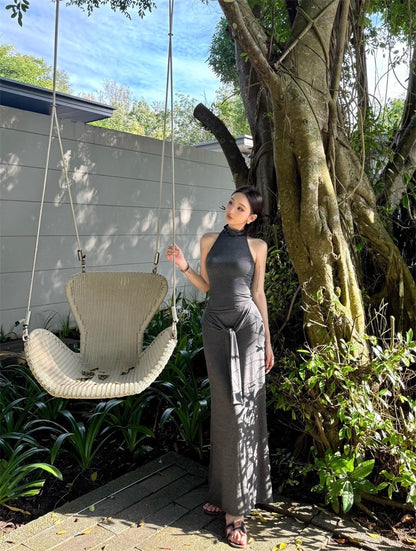 Apr. 清冷高雅簡約純色削肩背心 綁帶半身裙套裝 灰