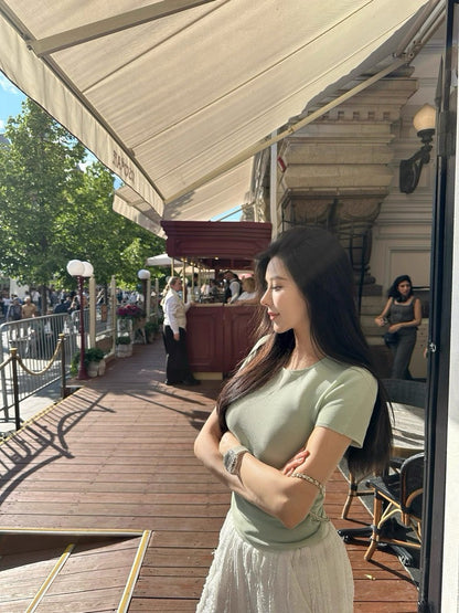 25Aug. arman*俐落圓領正肩針織上衣 豆沙粉/薄荷綠