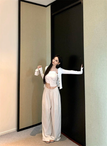 Jun. Origin 自然老錢 不規則抹胸高腰闊腿褲套裝 杏