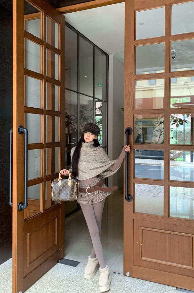 25Dec. 斗篷均碼多用法式花紗針織/英格蘭復古格紋短褲 卡其色系