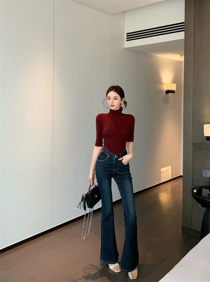 Jun. 穿不膩簡約高領五分袖彈力上衣 紅/黑 顯瘦喇叭褲
