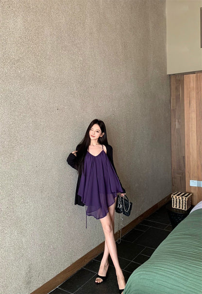 25Aug. 法式飄逸壓折感垂垂上衣裙 紫色
