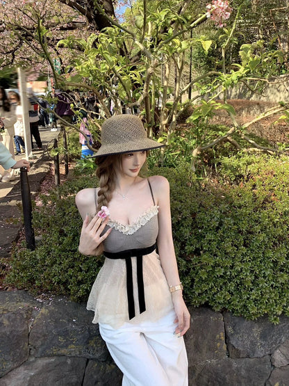 Jun. 初戀白月光氣質蝴蝶結收腰重工背心 格子花