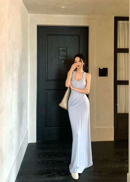 May. 法式優雅不費力 時髦側抓皺連身裙 淺藍