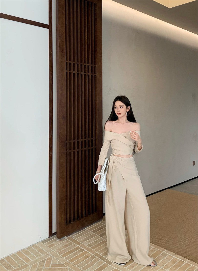 Jun. ER”高智菁英 時髦份子收腰綁帶休閒闊腿褲套裝 杏