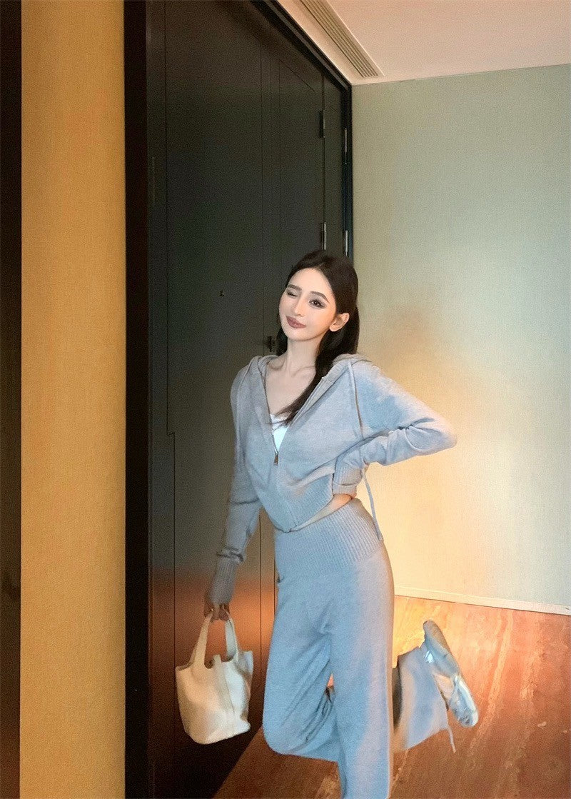 Mar. 飛航模式 基礎純色連帽針織休閒褲套裝 灰