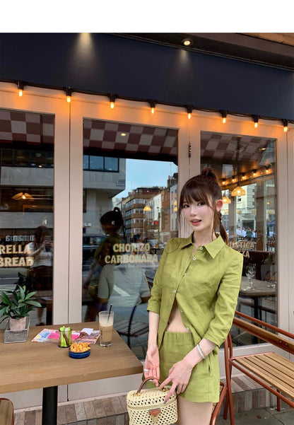 25Aug. 亞麻物語簡約七分袖襯衫低腰褲裙套裝 牛油果綠