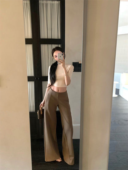 May. 極簡office siren高智修身五分袖上衣  設計款中低腰休閒褲 杏