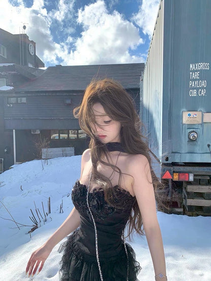 Jun. 玫瑰廢墟 氣質優雅手工花網紗蛋糕裙套裝 黑