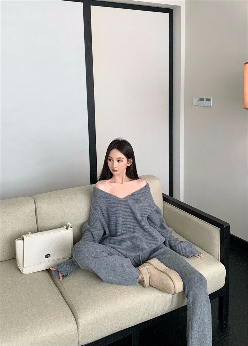 25Nov. 慵懶配套V小翻領針織休閒褲套裝 灰