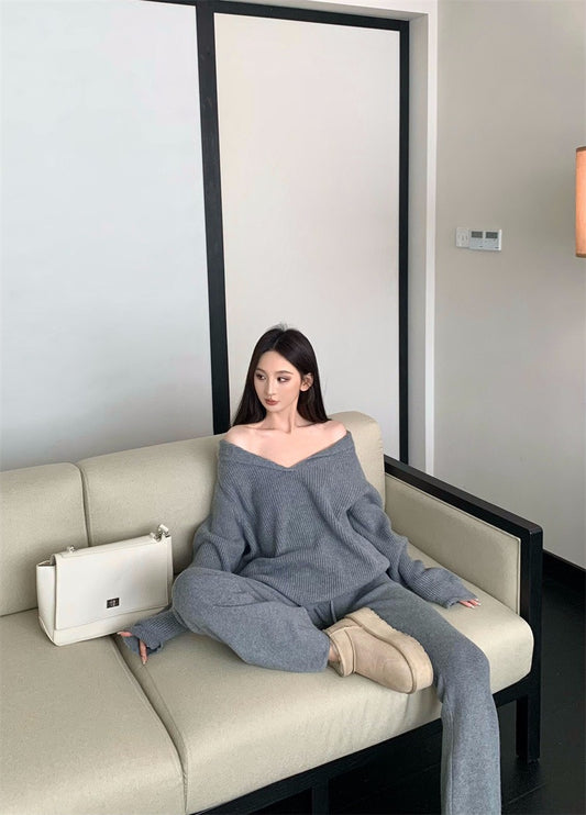 25Nov. 慵懶配套V小翻領針織休閒褲套裝 灰