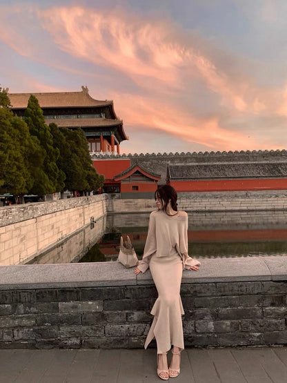 25Nov. 秋冬大氣簡約羊毛針織魚尾裙套裝 卡杏