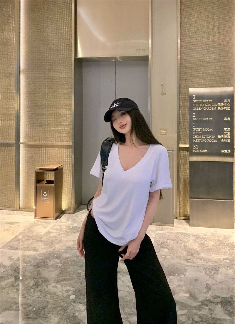 Mar. 基礎V領素顏T 寬鬆休閒短袖上衣 黑/白