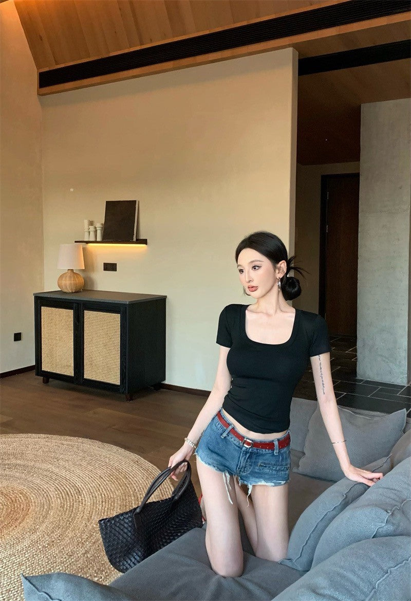 Jun. 萬能基礎公式 美式緊身短袖上衣 灰/黑