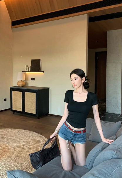 Jun. 萬能基礎公式 美式緊身短袖上衣 灰/黑