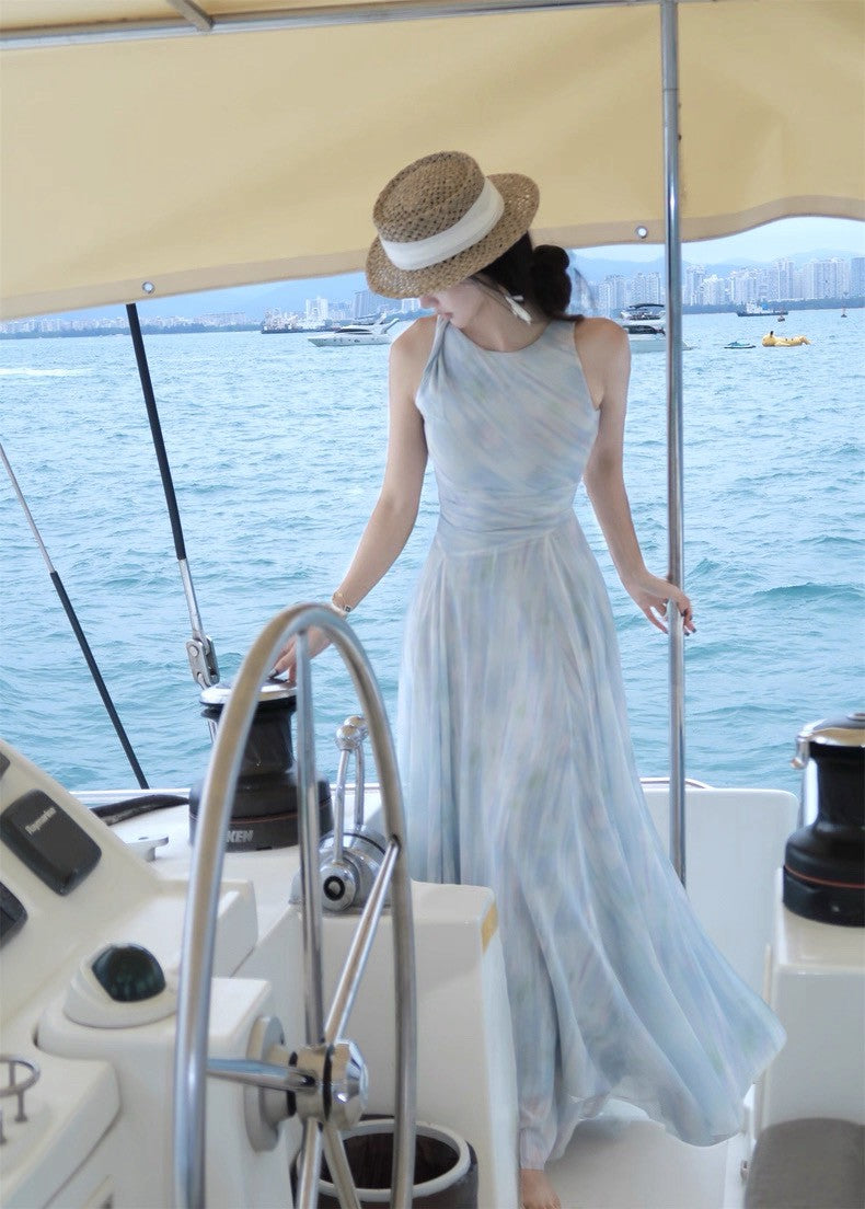 25Aug. 「雙共生」摩登情人復古扭結收腰裙擺連身裙 水波藍