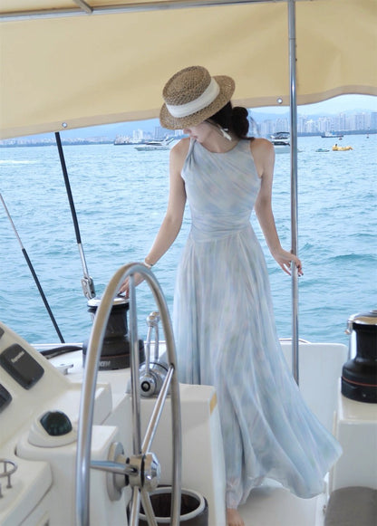 25Aug. 「雙共生」摩登情人復古扭結收腰裙擺連身裙 水波藍