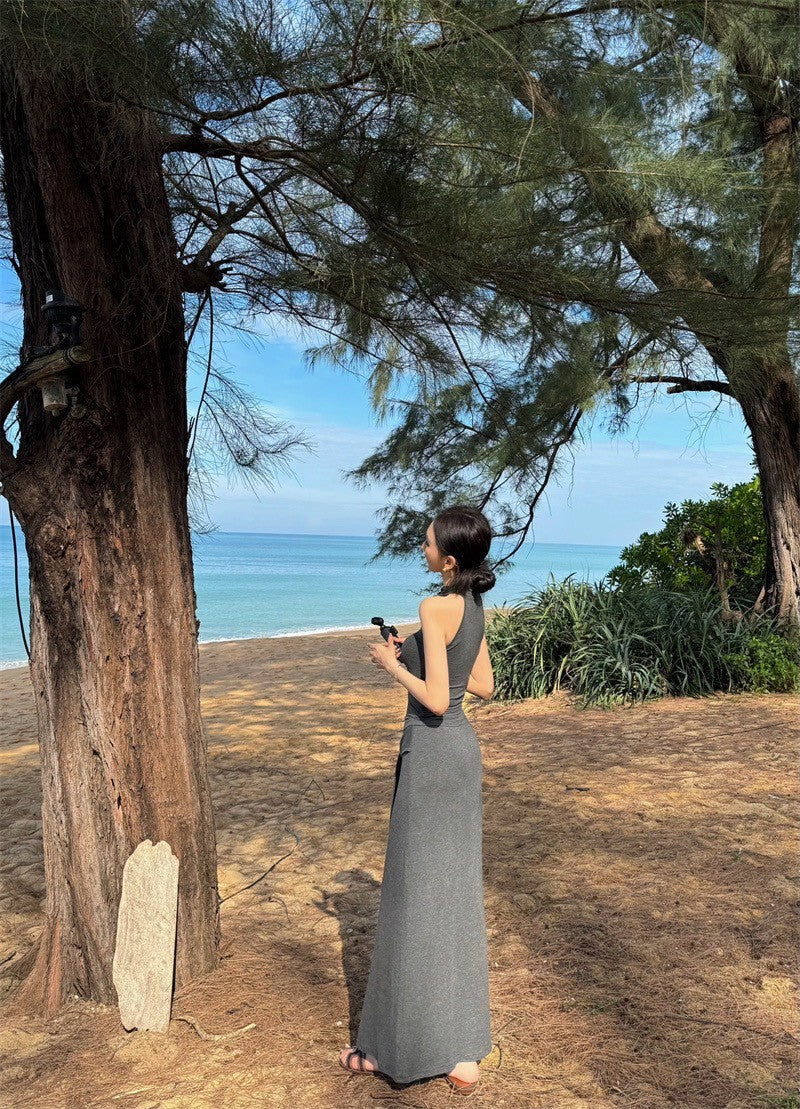 Apr. 清冷高雅簡約純色削肩背心 綁帶半身裙套裝 灰