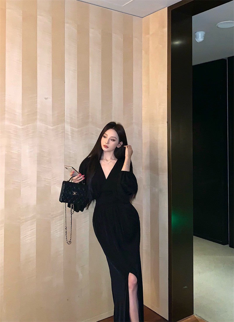 25Aug. 美的很輕鬆氛圍感收腰燈籠袖連身裙 粉/黑