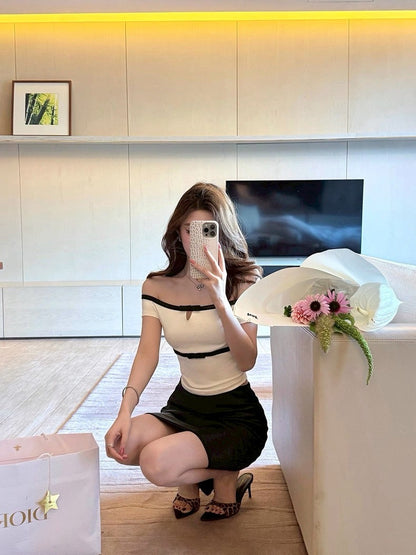 25Aug. 手稿作業UK-girl一字領撞色休閒褲套裝 白黑