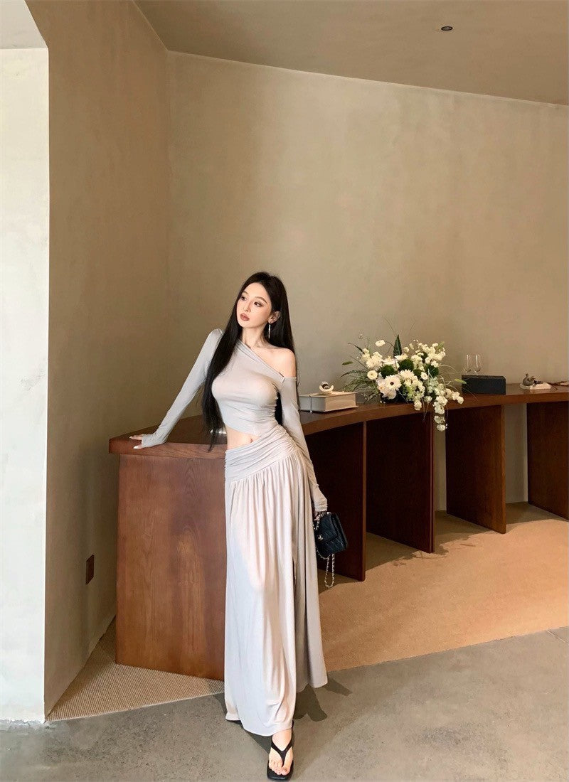 Jun. 戛納女神裙 氣質縷空抓皺開叉連身裙 杏