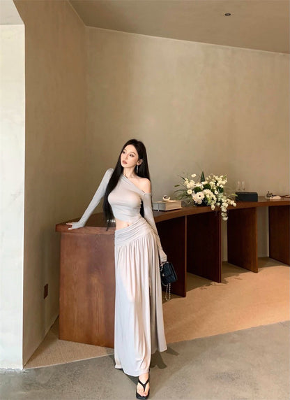 Jun. 戛納女神裙 氣質縷空抓皺開叉連身裙 杏